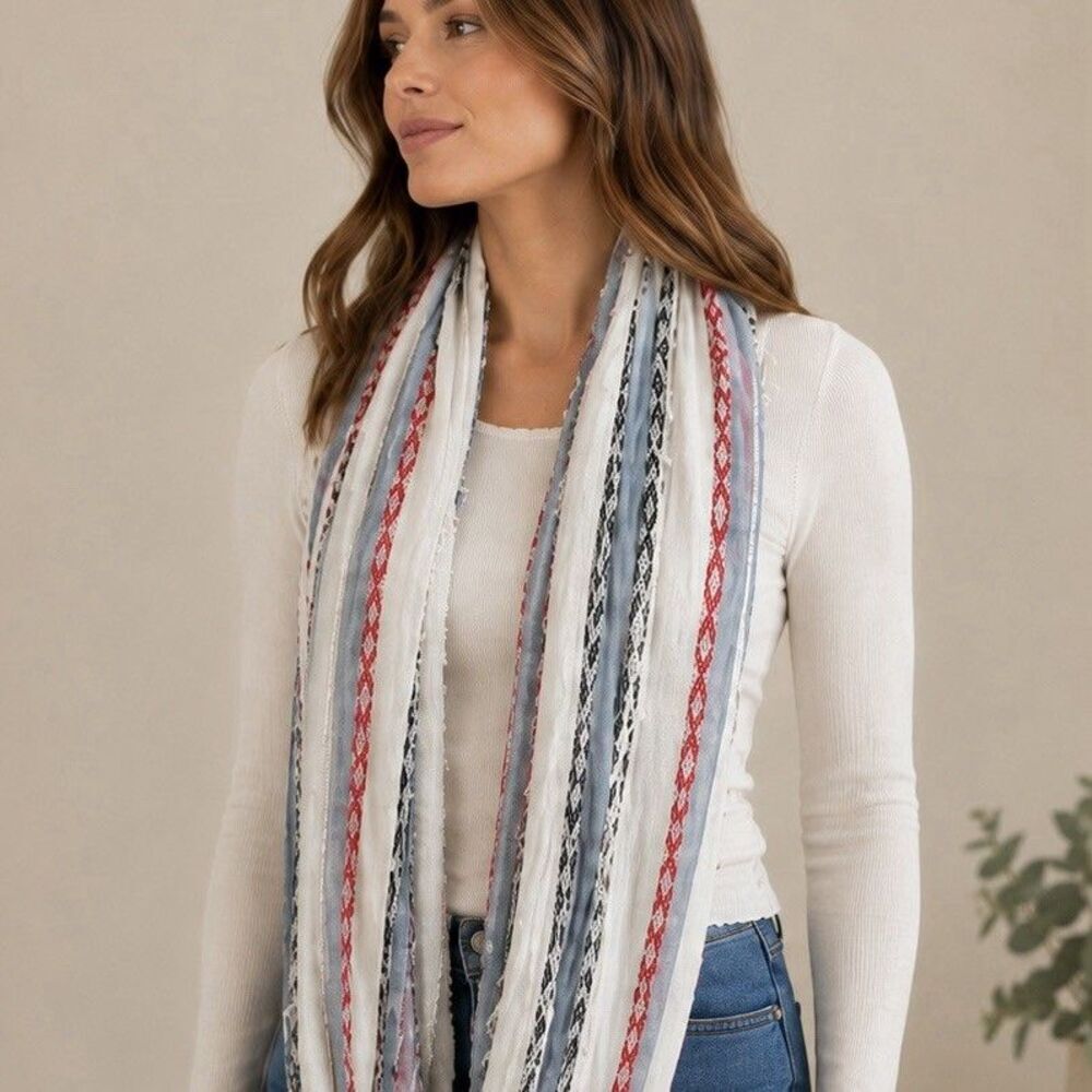 Sonoma Infinity Scarf Red White Blue Striped Lightweight Fringe Loop Scarf